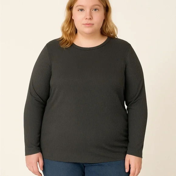Black Ribbed Long Sleeve Top - 3X - Picture 1 of 4